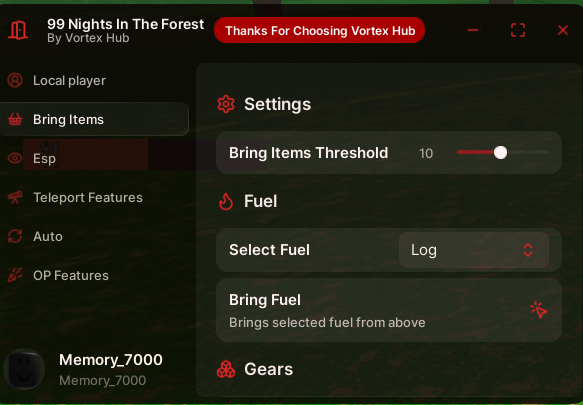 99 Nights in The forest Script Settings Bring Items Threshold Fuel