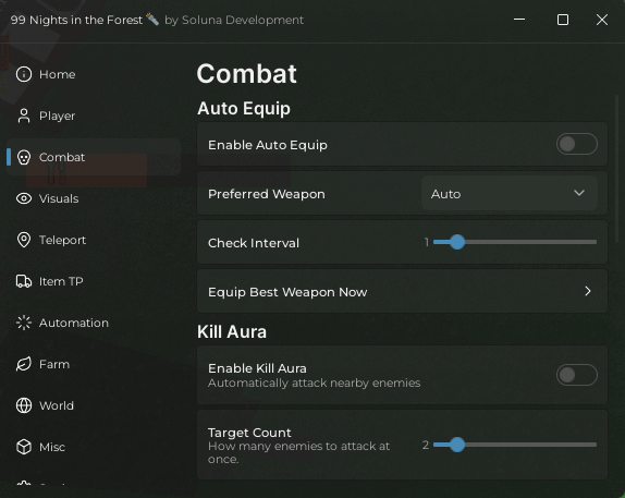 99 Nights in the forest Script keyless enable Auto equip