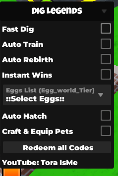 Dig legends Script keyless - Auto rebirth, Auto train, Auto hatch