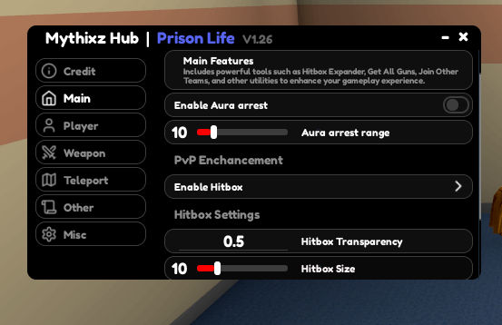 Mythixz Hub script for Prison Life - Enable Auto arrest