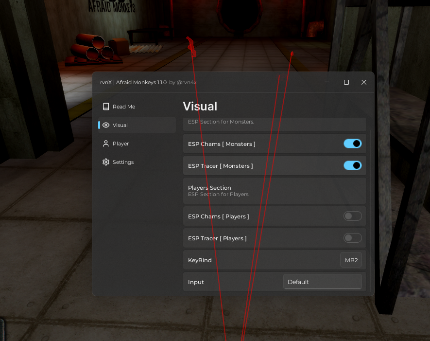 Rvnx Afraid Monkeys v1.1.0 Script OP (Keyless) - ESP Tracer, KeyBind & Section for Players