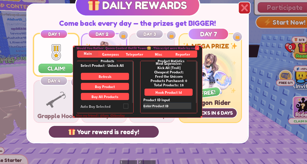 RNDM Would You Rather: Queen Contest Outfit Tower script keyless