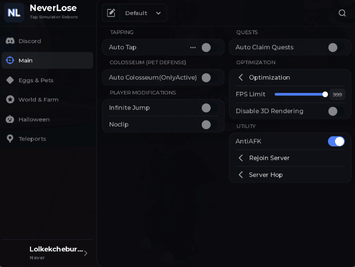 Tap Simulator REBORN script made by NeverLose | auto tap, infinite jump