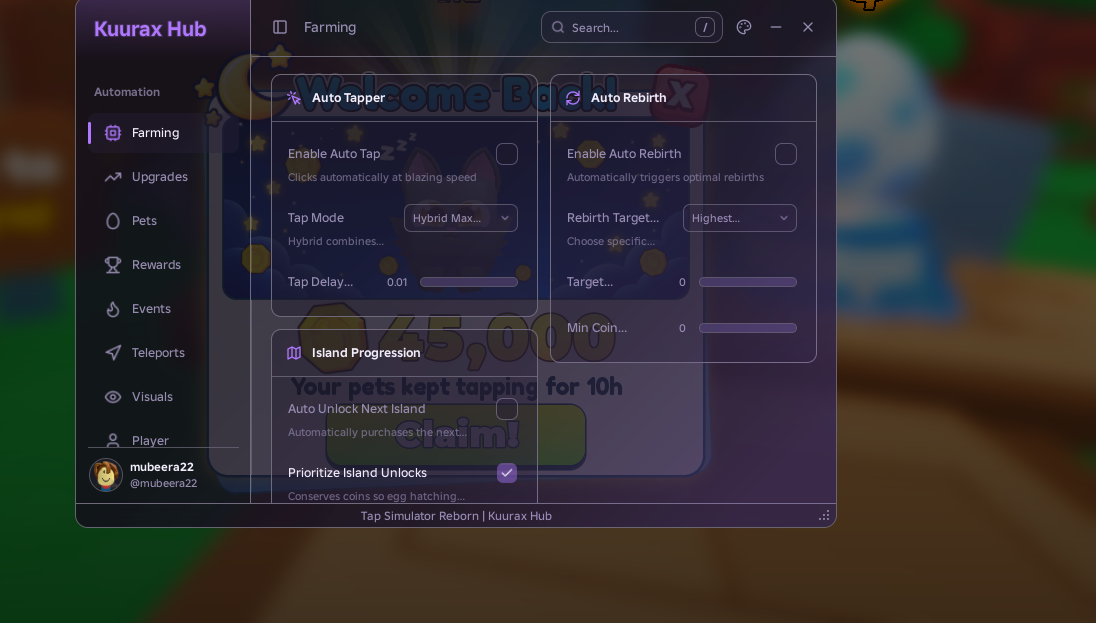 Tap Simulator REBORN keyless Script By Kuurax Hub
